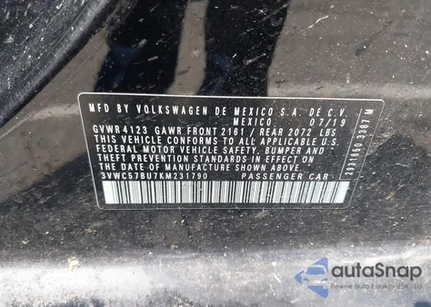 2019 Volkswagen Jetta 1.4T R-Line/1.4T S/1.4T Se z USA, uszkodzony, nr VIN 3VWC57BU7KM231790